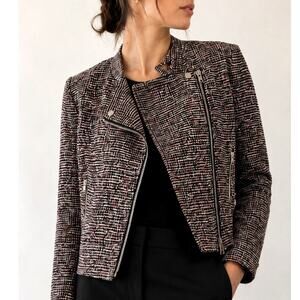 Theory Tweed Moto Jacket Black Pink Cream Asymmetrical Zip Cropped-Size 6 / Med